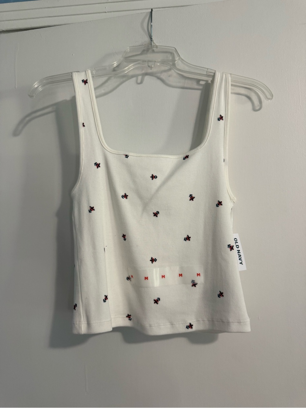 Old Navy Cream Ribbed Tank with Tiny Red & Blue Floral Embroidery